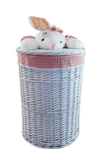 Wäschekorb Wäschesammler Weide weiß rund mit Deckle Plüschtier kaninchen rosa D.46 H.62