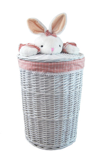 Wäschekorb Wäschesammler Weide weiß rund mit Deckle Plüschtier kaninchen rosa D.39 H.55